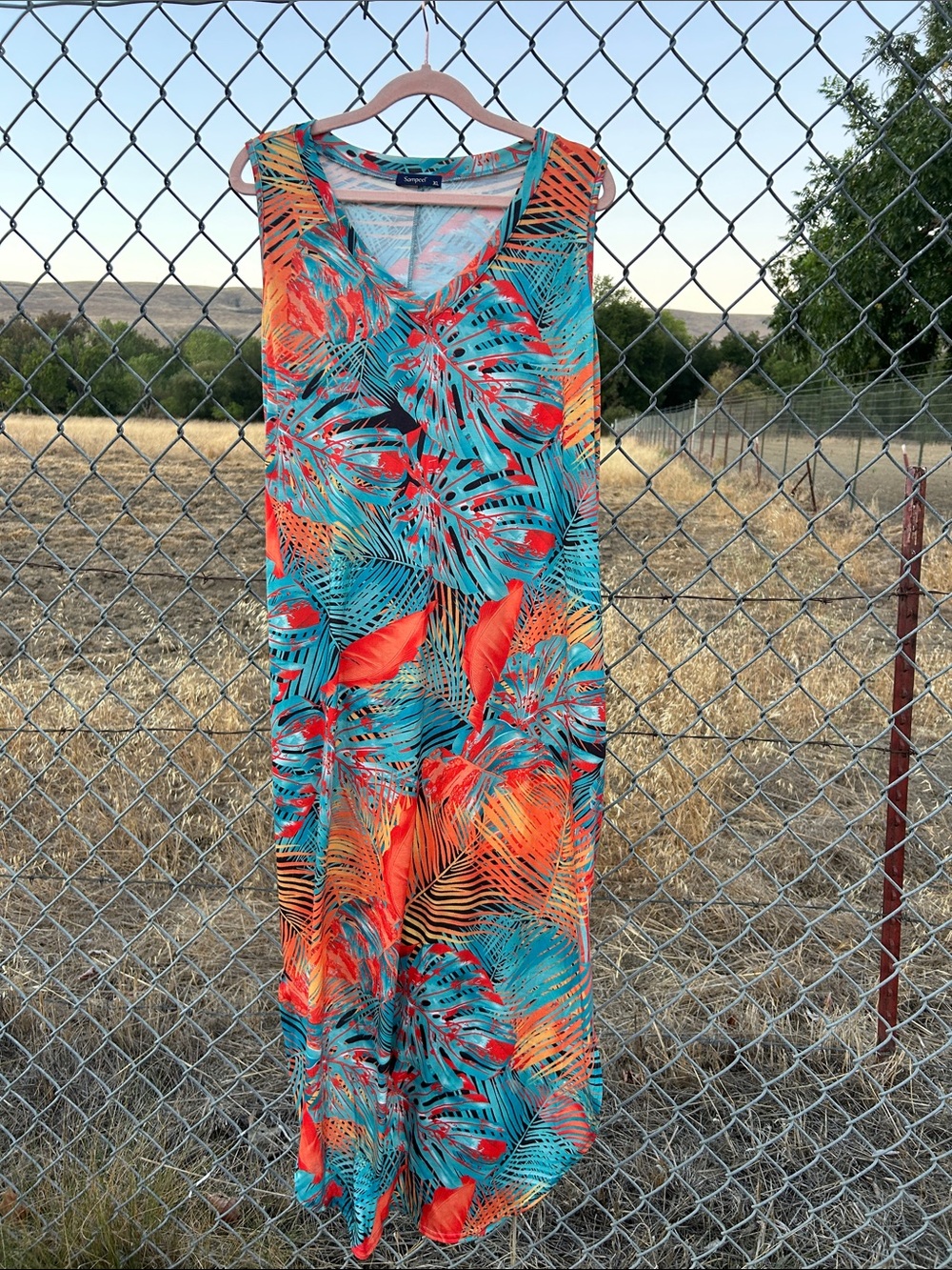 Tropical Print Sleeveless Maxi Dress - Teal & Coral